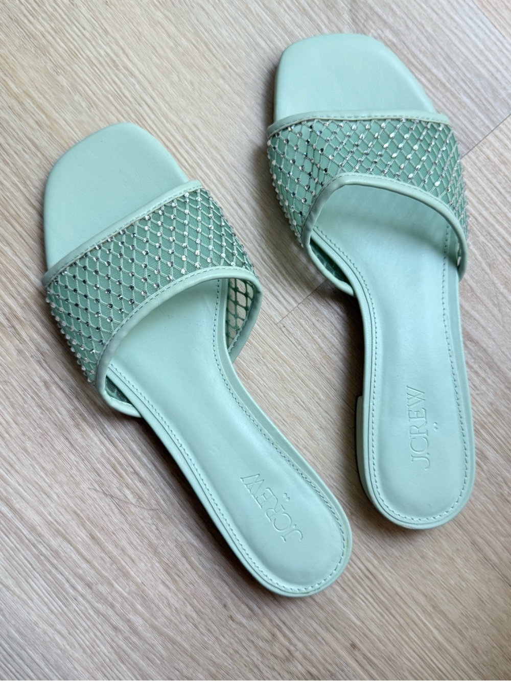 J. Crew Mint Green Mesh Rhinestone Crystal-Embellished Slide Sandals - Picture 3 of 6